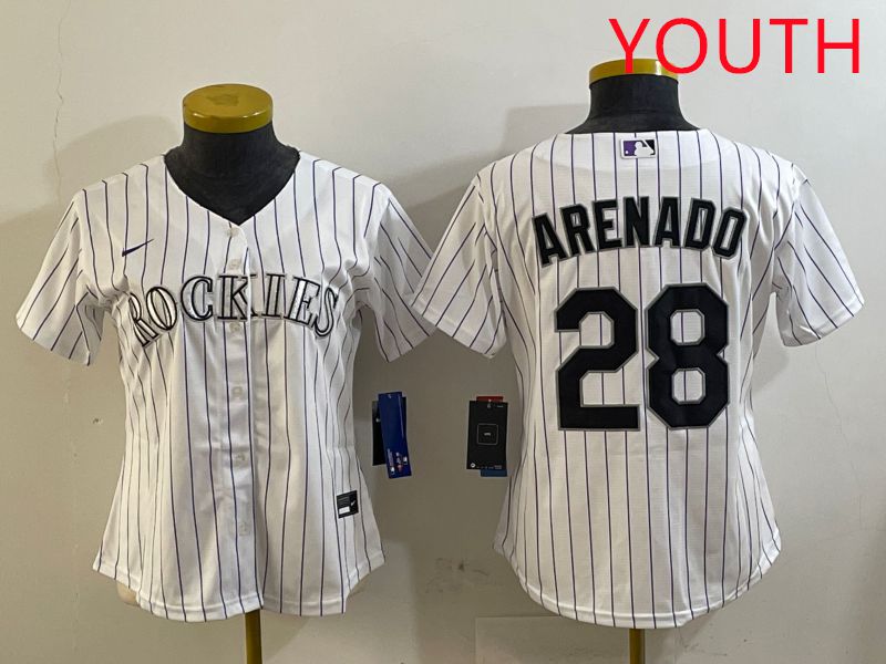 Youth Colorado Rockies #28 Arenado White Stripe Game 2025 Nike MLB Jersey style 1